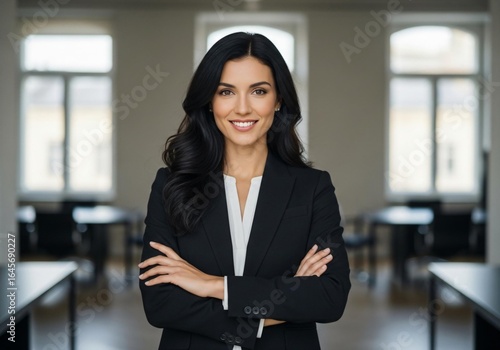 Confident businesswoman smiling with crossed arms in a modern office Free Download Confident businesswoman smiling with crossed arms in a modern office - GFXLoad