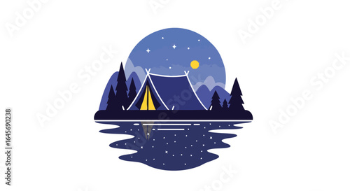 Night camping scene with tent by a lake and mountains.