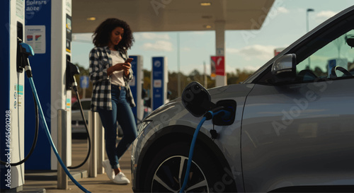 Woman in plaid shirt using her phone while her modern silver electric car charges at a public station.