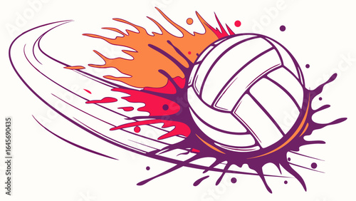 Dynamic Volleyball Graphic White Ball with Purple and Orange Splatter.