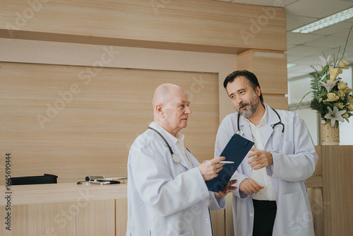 Doctor reviewing patient record in hospital hallway. Two healthcare professionals discussing medical records on a clipboard in hospital, collaborating on patient care