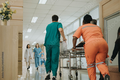Emergency medical team pushing patient in hospital. Doctors and nurses health care with patient in busy