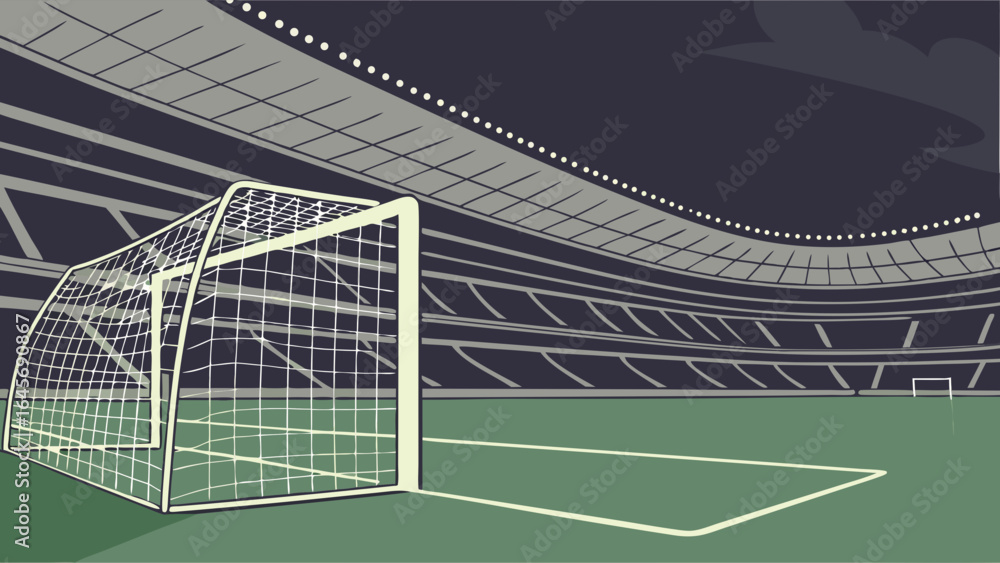 Fototapeta premium Empty Soccer Goal Net in Stadium White Frame Green Field.