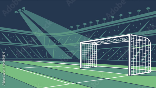 Empty Soccer Goal in Stadium Spotlight White Metal Frame Green Field.