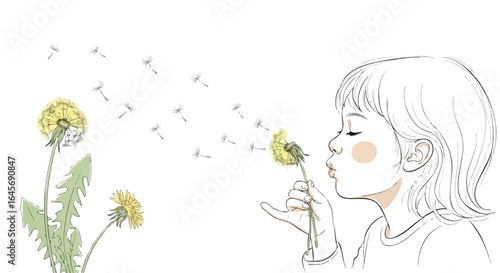 Profile of a little girl blowing a dandelion flower.
