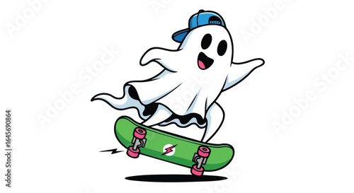 A cartoon ghost wearing a blue cap, skateboarding with joyful expression.