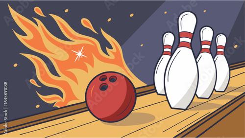 Fiery Red Bowling Ball Approaching White Pins.