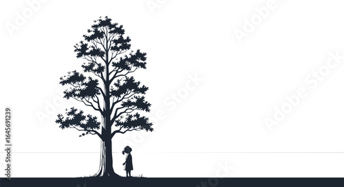 Silhouette of a little girl looking up at a tall tree.