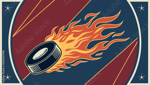 Flaming Hockey Puck in Retro Style Graphic.
