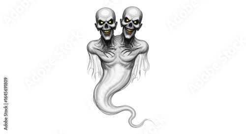 Two ghostly, grinning skulls with a flowing white apparition.