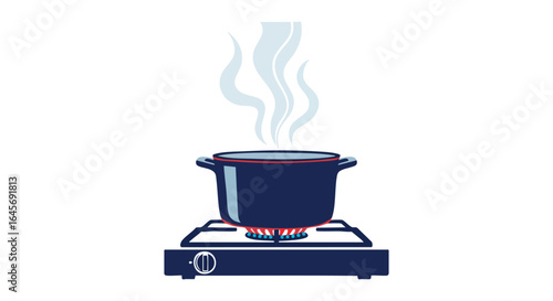 Steaming cooking pot on a portable gas stove.