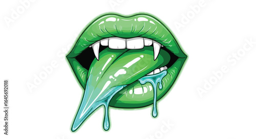 A stylized, graphic depiction of a vampire-like mouth with a vibrant green tongue and dripping substance.