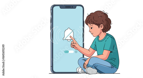 Young boy activating silent mode on a large smartphone.
