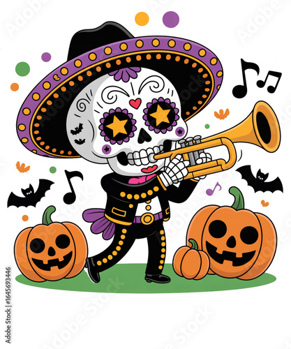 Day of the dead celebration festive atmosphere illustration halloween theme colorful view fun and culture fusion