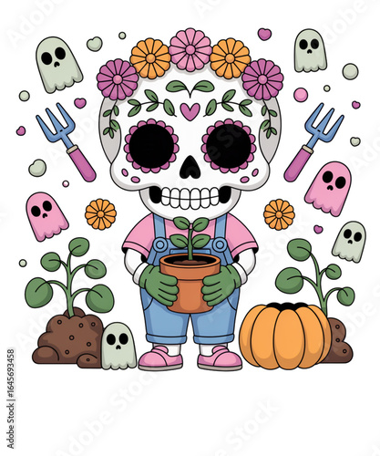 Celebrating halloween with a colorful skull character in a garden creative illustration whimsical style playful atmosphere fun concept for seasonal decor