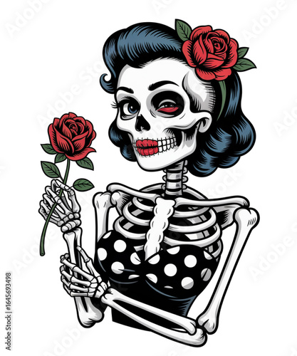 Skeleton woman holding a rose graphic art style culture vibrant colors close-up view embracing life and death in art