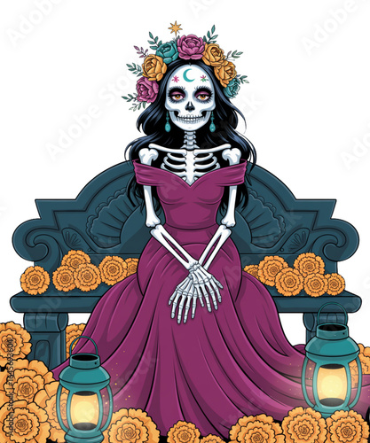 Celebrating dia de los muertos skeleton woman in colorful floral decor digital art vibrant environment front view cultural symbolism