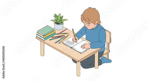 Young boy diligently writing in a notebook at his desk.