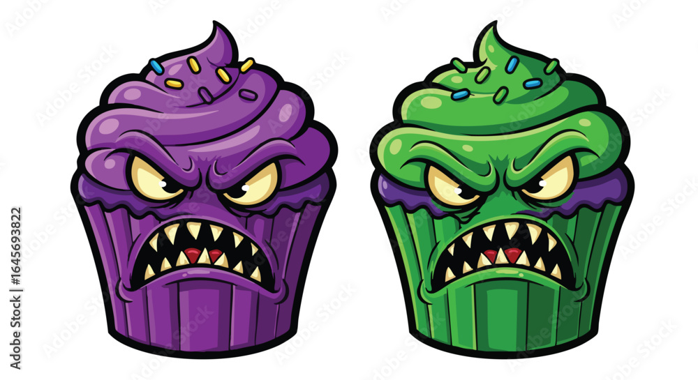 Naklejka premium Two cartoon cupcakes with angry faces, one purple and one green, both with sprinkles on top.