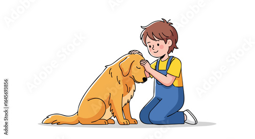 Young boy gently petting his golden retriever dog.