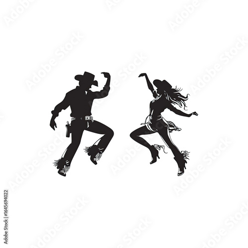 Romantic Silhouette of a Cowboy and Cowgirl Dancing in Western Style Isolated on White Background