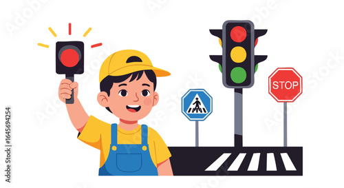 Young boy learning about traffic safety rules.