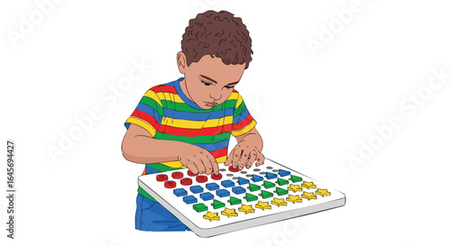 Young boy learning shapes and colors with a pegboard puzzle toy.