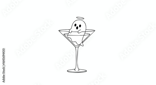 A cute cartoon ghost floats in a martini glass, adorned with a halo.