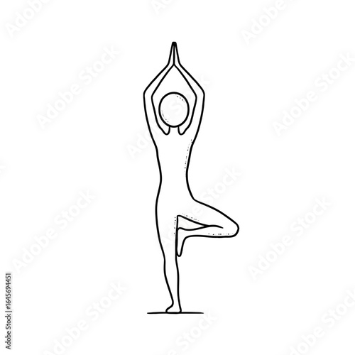 A simple line drawing depicts a person in the tree yoga pose, standing on one leg with hands pressed together above their head against a white backdrop.