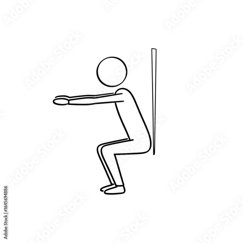 A simple line drawing depicts a stick figure performing a wall sit exercise, illustrating fitness and bodyweight training for health and wellness.