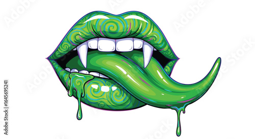 A stylized illustration of a pair of lips with fangs and a long, dripping green tongue.