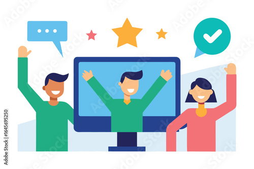 People celebrating success with computer and speech bubbles, success, celebration, people, computer, teamwork, achievement, victory, happy, joy, positive, communication, speech bubble, star, award, re