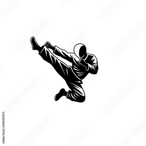 Dynamic vector illustration of a martial artist executing a side kick, showcasing power and precision in a minimalist black and white design on white backdrop.