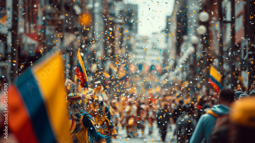 Feria de Cali Street Parade – Colombian Flags, Confetti, Traditional Costumes, and Festive Cultural Event in Cali, Colombia