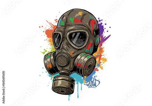 Cartoon Gas Mask with Colorful Paint Splatters, Safety Equipment Illustration