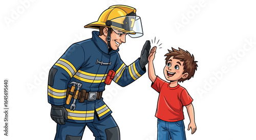 Friendly firefighter giving a high-five to a smiling boy against a white background, illustrated in a cartoon style with warm colors.