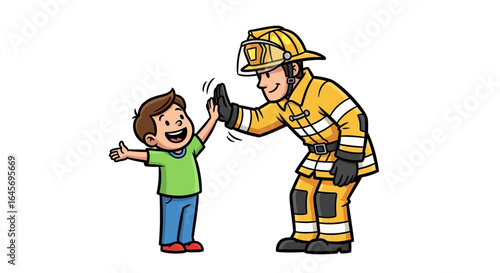 Happy boy giving high five to firefighter in cartoon style illustration against white background, conveying a cheerful mood.