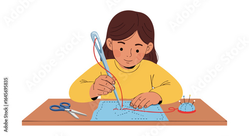 Young girl learning the craft of hand sewing.