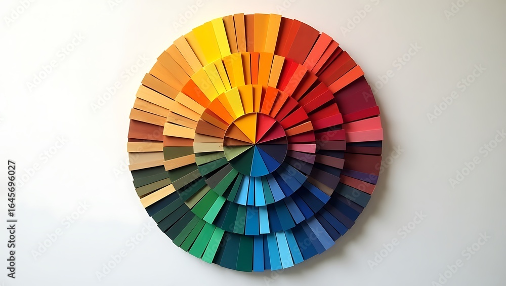 Obraz premium Circular Color Spectrum Display Showcasing a Range of Hues with Wooden Swatches on White Background