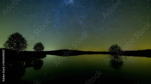 静寂の湖に映る星と流星群