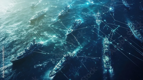Fototapeta Naklejka Na Ścianę i Meble -  Modern military assets fighter jets naval ships satellites data links. Ocean scene. Ships connected by data network

