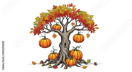 A whimsical tree with autumn leaves bearing pumpkins as fruit, surrounded by pumpkins and acorns on the ground.