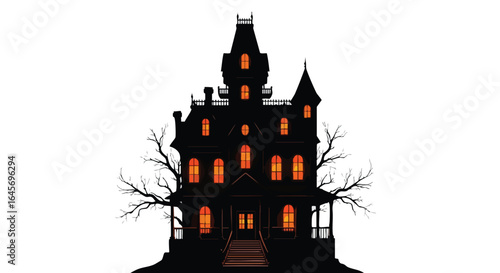 Silhouette of a haunted mansion at night, glowing windows, bare trees.