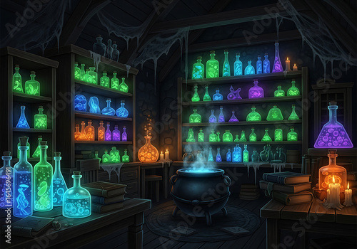 Witch's potion room with glowing jars and steaming cauldron