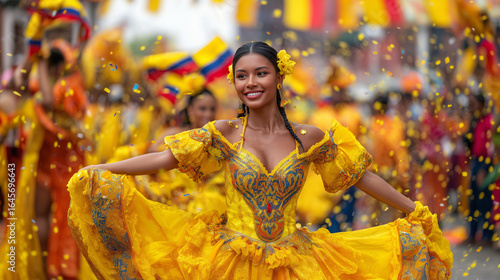 Feria de Cali Smiling Dancer in Yellow Dress at Colombian Street Festival