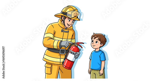 Friendly fireman showing a young boy how to use a fire extinguisher in a cartoon illustration against a white background, conveying a safety message with bright,