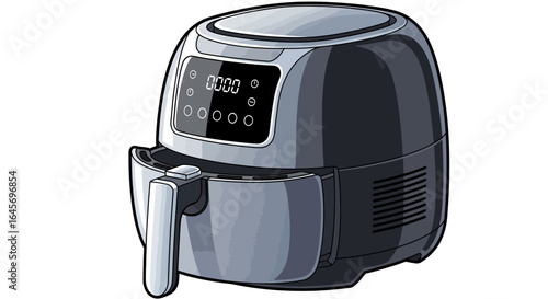 Studio shot of a modern black and silver air fryer with digital display against a white background, showcasing its sleek design and convenient features.