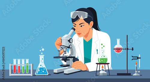 Scientist examining samples under microscope in laboratory, research and experiment, science educational
