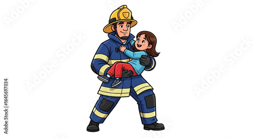 Cartoon illustration of a fireman rescuing a girl, full body shot against a white background, conveying a safe and reassuring mood.