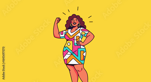 Confident woman flexing arm in colorful dress against yellow background, empowering illustration